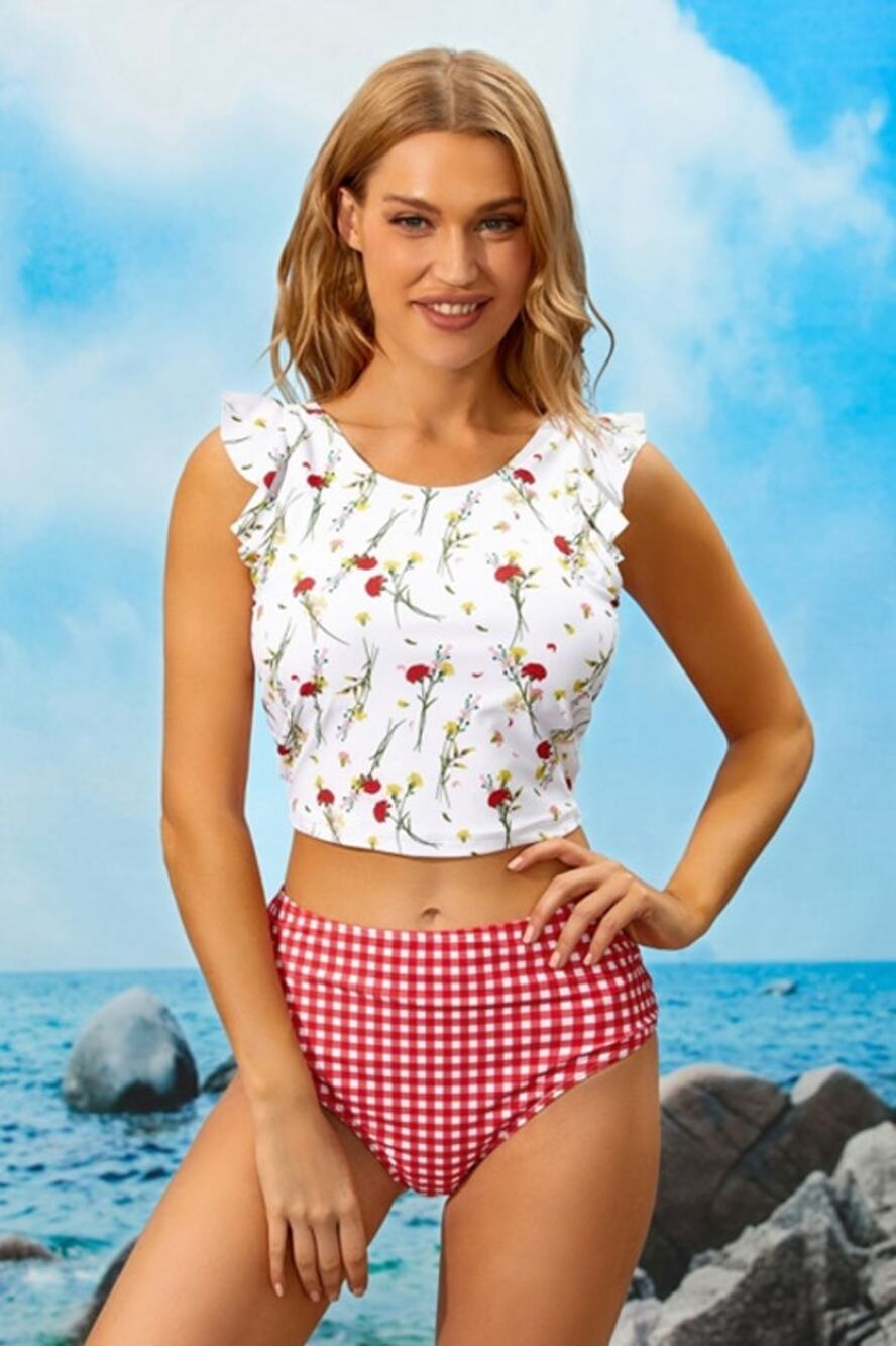 Beachsissi Ruffle Sleeve Scoop Neck Tankini Floral White Size L NWT